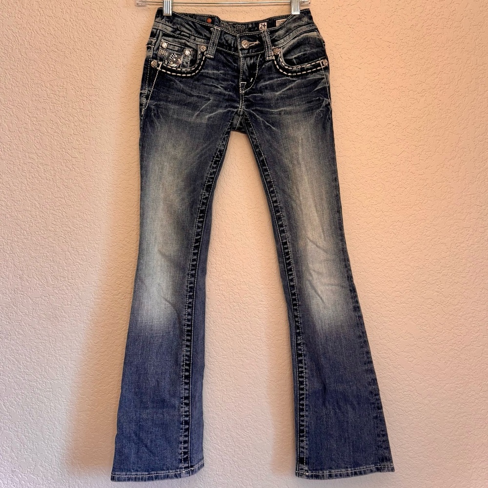 Miss Me Y2K Bootcut Jean Bling Embellished Distressed Silver Studs Size 24 - Picture 11 of 11